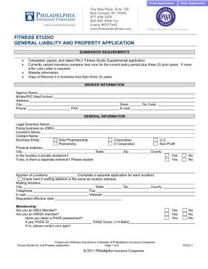 Fitness Studio General Liability and Property Application