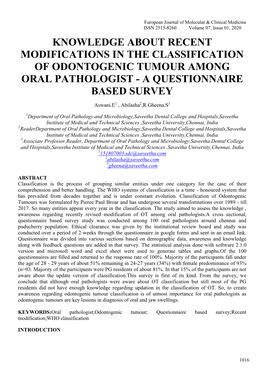 Knowledge About Recent Modifications in the Classification of Odontogenic Tumour Among Oral Pathologist - a Questionnaire Based Survey