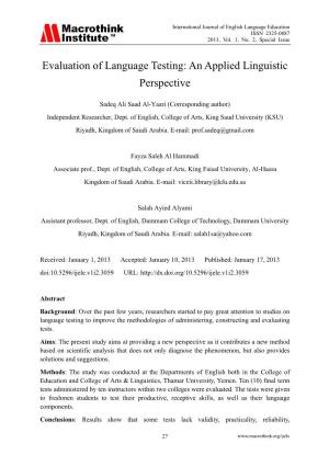 Evaluation of Language Testing: an Applied Linguistic Perspective