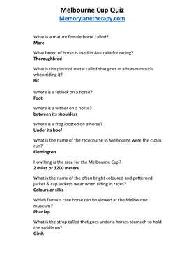 Melbourne Cup Quiz Memorylanetherapy.Com