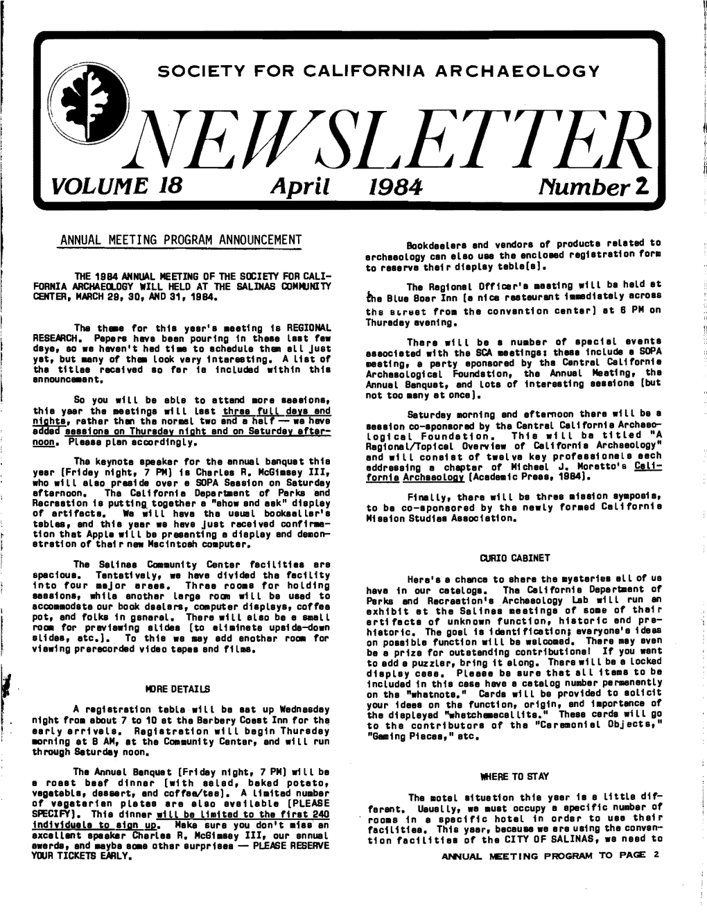 Newsl~ETTER VOLUME 18 April 1984 Number!