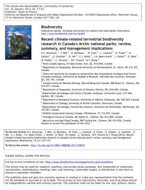 Recent Climate-Related Terrestrial Biodiversity Research in Canada's Arctic National Parks: Review, Summary, and Management Implications D.S