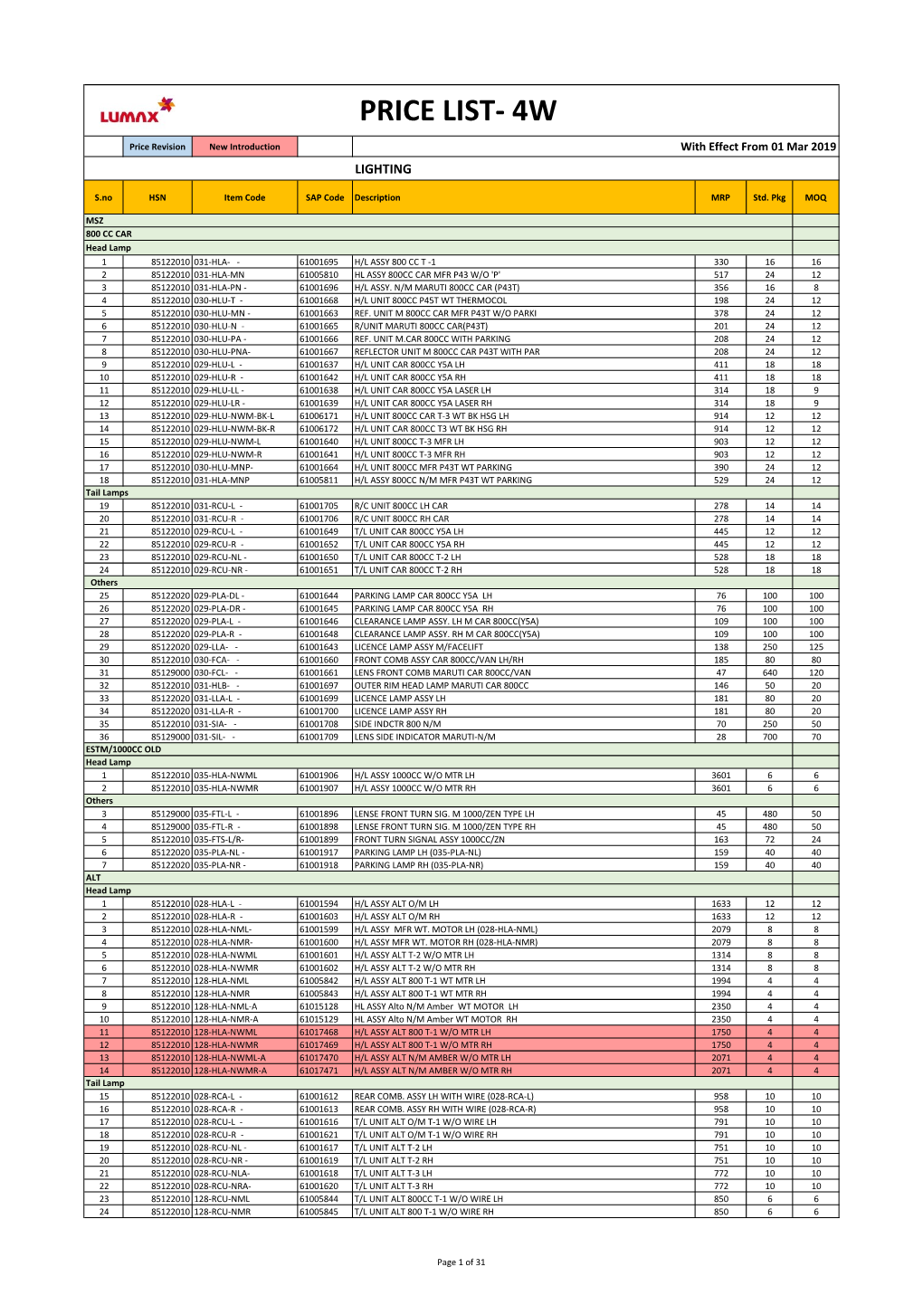 Price List- 4W