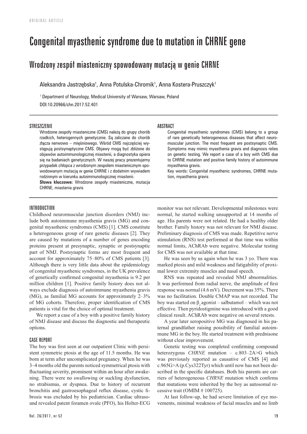 Congenital Myasthenic Syndrome Due to Mutation in CHRNE Gene