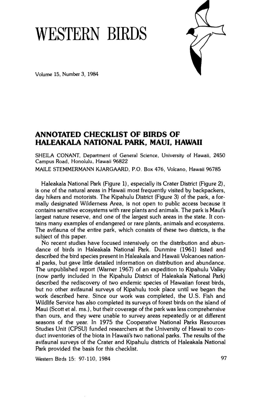 Annotated Checklist of Birds of Haleakala National Park, Maui