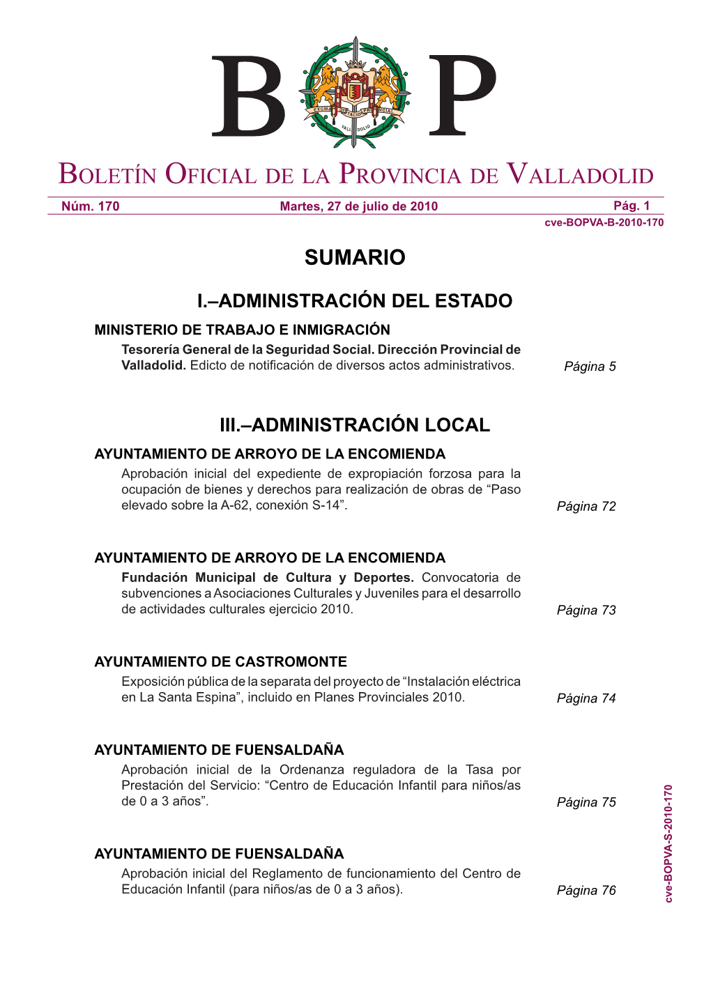 Boletín Oficial De La Provincia De Valladolid Sumario