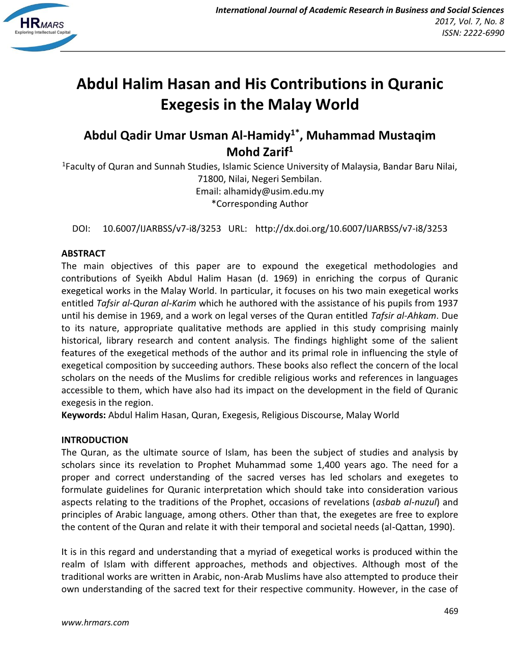 Abdul Halim Hasan and His Contributions in Quranic Exegesis in the Malay World