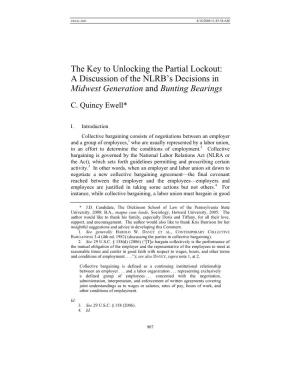 The Key to Unlocking the Partial Lockout: a Discussion of the NLRB’S Decisions in Midwest Generation and Bunting Bearings