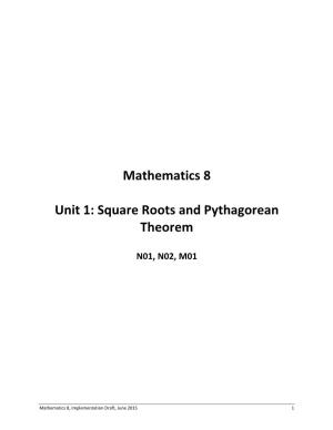 Mathematics 8 Unit 1: Square Roots and Pythagorean Theorem