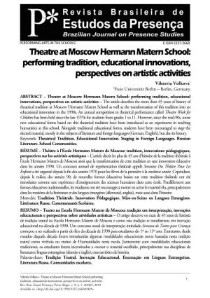 Theatre at Moscow Hermann Matern School: Performing Tradition, Educational Innovations, Perspectives on Artistic Activities