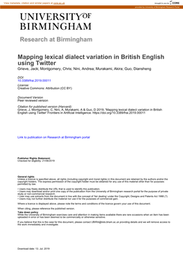 Mapping Lexical Dialect Variation in British English Using Twitter Grieve, Jack; Montgomery, Chris; Nini, Andrea; Murakami, Akira; Guo, Diansheng