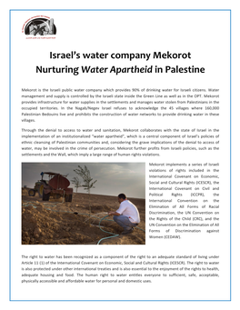 Mekorot Nurturing Water Apartheid in Palestine