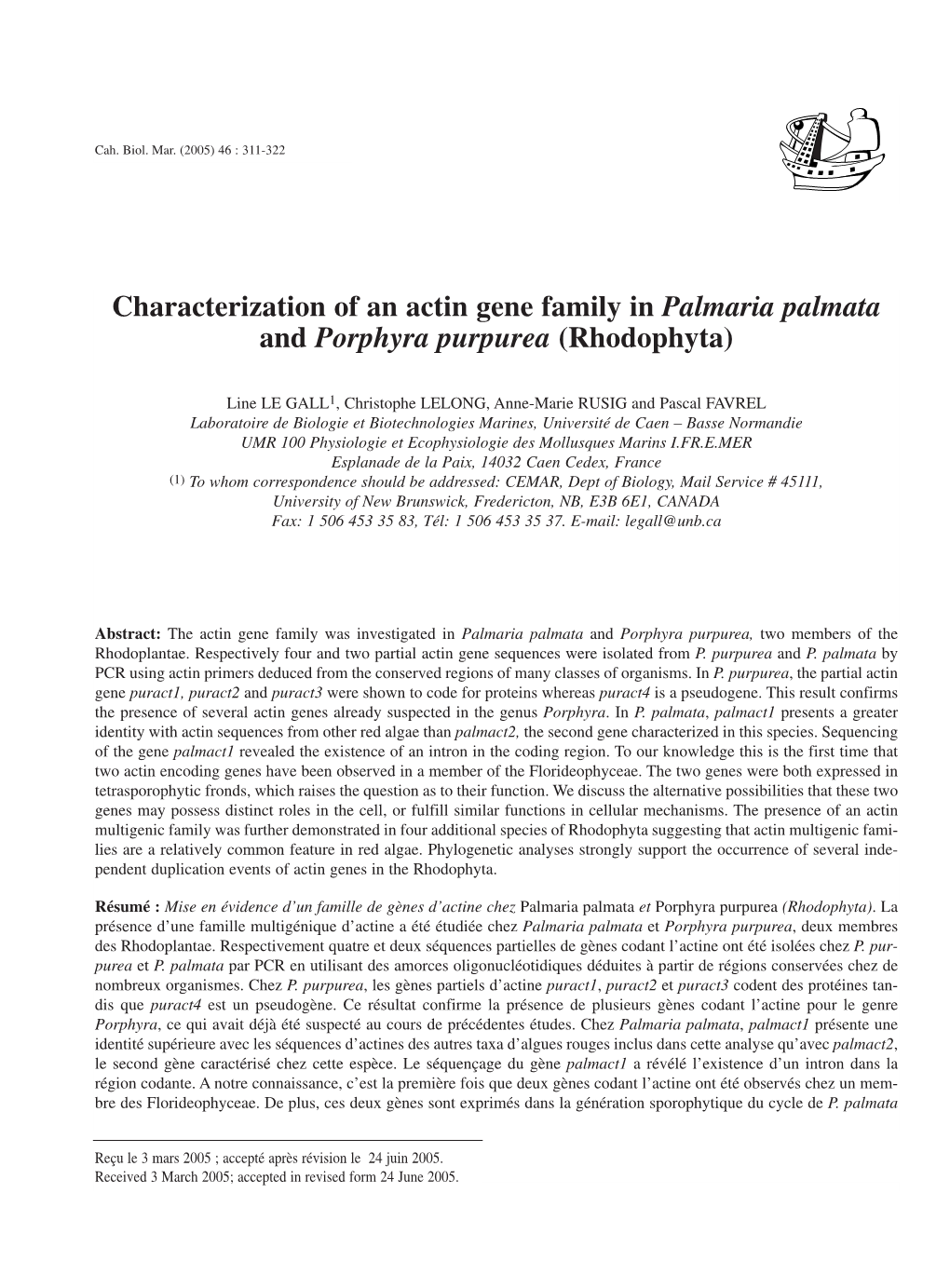 Characterization of an Actin Gene Family in Palmaria Palmata and Porphyra Purpurea (Rhodophyta)