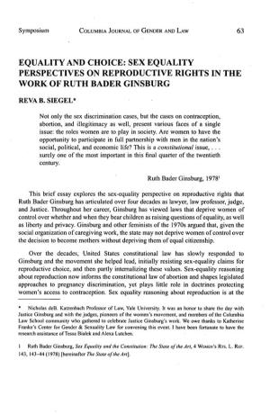 Sex Equality Perspectives on Reproductive Rights in the Work of Ruth Bader Ginsburg