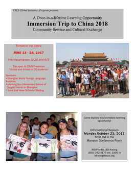 Immersion Trip to China 2018 Community Service and Cultural Exchange