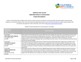 California Arts Council 2018-2019 Artists in Communities Project Descriptions