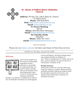 St. Alexis of Wilkes-Barre Orthodox Church Bulletin for Sunday, August