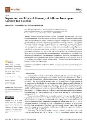 Separation and Efficient Recovery of Lithium from Spent Lithium-Ion