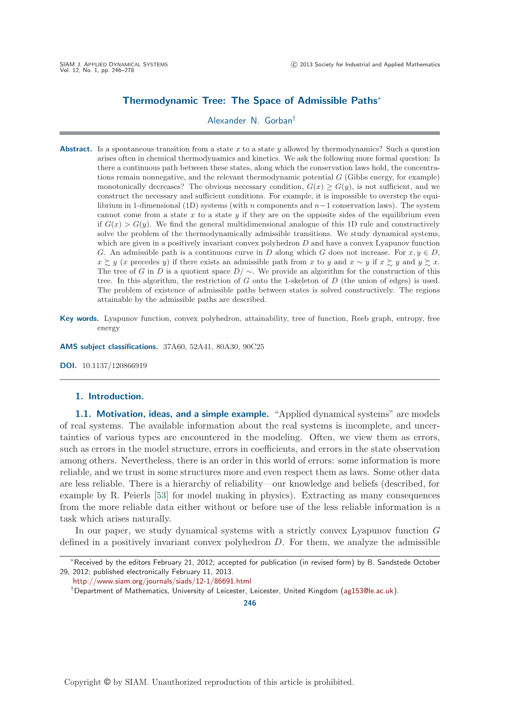 Thermodynamic Tree: the Space of Admissible Paths † Alexander N