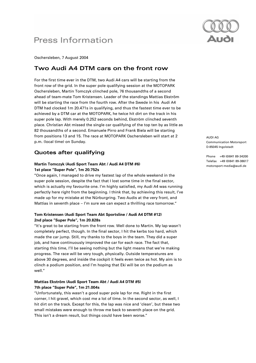 Two Audi A4 DTM Cars on the Front Row