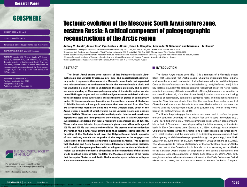 Tectonic Evolution of the Mesozoic South Anyui Suture Zone, GEOSPHERE; V