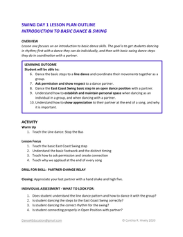 Swing Day 1 Lesson Plan Outline Introduction to Basic Dance & Swing