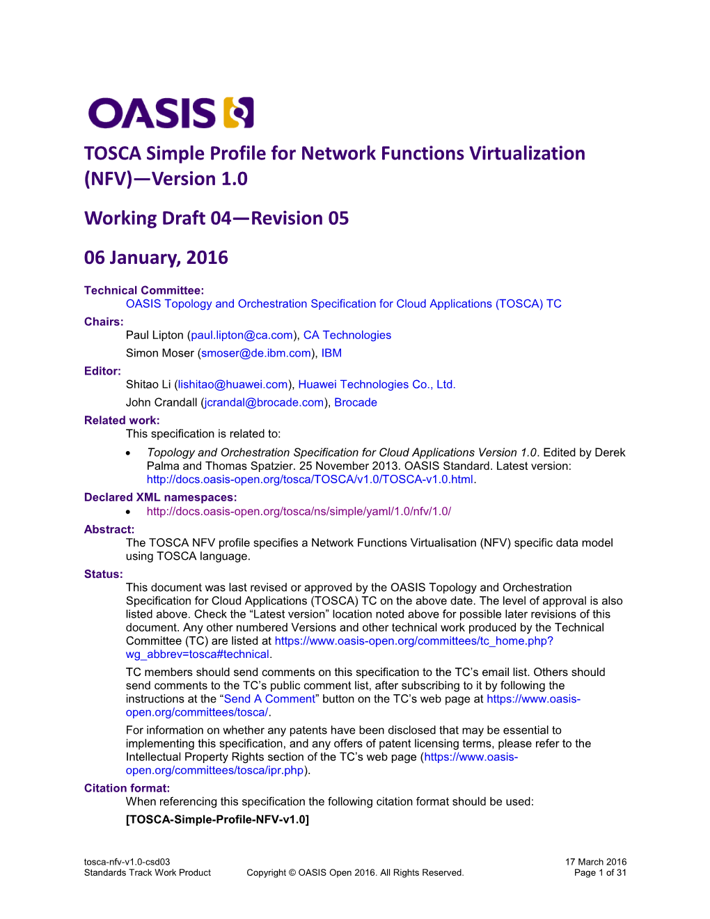 TOSCA Simple Profile for Network Functions Virtualization (NFV) Version 1.0