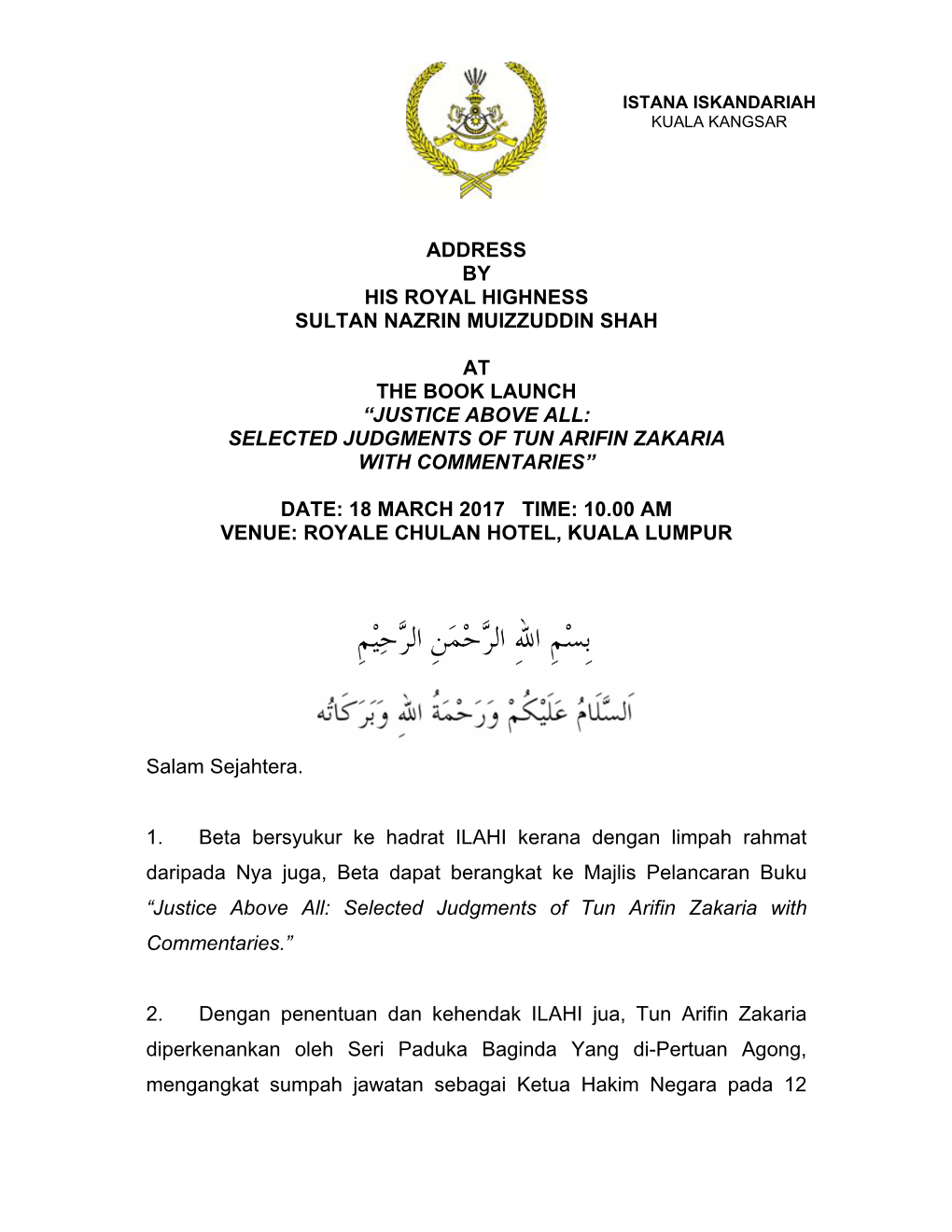 Address by His Royal Highness Sultan Nazrin Muizzuddin Shah