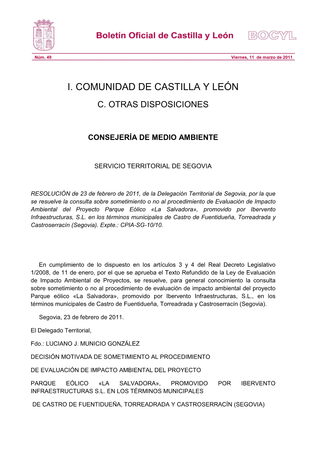 I. Comunidad De Castilla Y León C