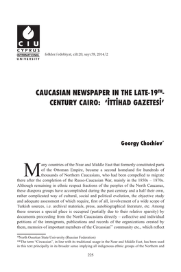 Caucasian Newspaper in the Late-19Th- Century Cairo: ‘İttihad Gazetesi’
