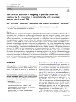 Non-Canonical Activation of Hedgehog in Prostate Cancer Cells Mediated by the Interaction of Transcriptionally Active Androgen Receptor Proteins with Gli3