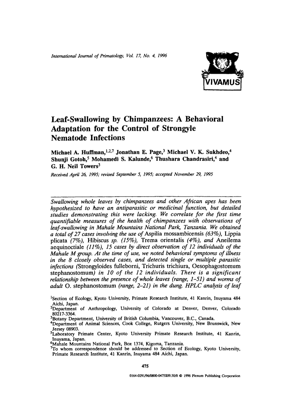 Leaf-Swallowing by Chimpanzees: a Behavioral Adaptation for the Control of Strongyle Nematode Infections