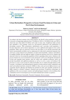 Urban Horticulture Prospective to Secure Food Provisions in Urban and Peri-Urban Environments