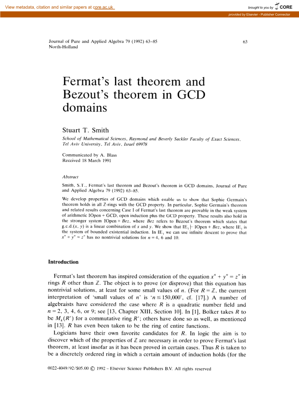 Fermat's Bezout's Domains Last Theorem and Theorem In