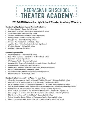2017/2018 Nebraska High School Theater Academy Winners