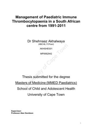 Management of Paediatric Immune Thrombocytopaenia in a South African Centre from 1991-2011