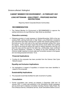 Divisions Affected: Wallingford CABINET MEMBER for ENVIRONMENT – 25 FEBRUARY 2021 LONG WITTENHAM – HIGH STREET – PROPOSED