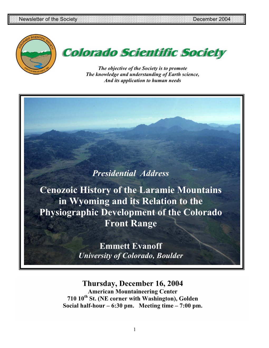 Cenozoic History of the Laramie Mountains in Wyoming and Its Relation to the Physiographic Development of the Colorado Front Range