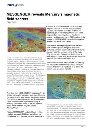MESSENGER Reveals Mercury's Magnetic Field Secrets 7 May 2015