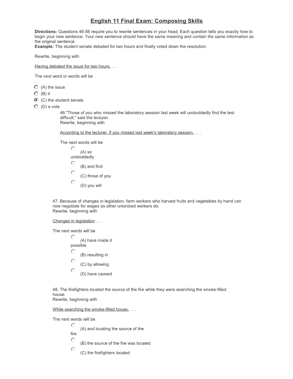 English 11 Final Exam: Composing Skills