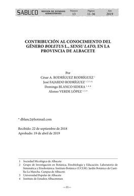 Contribución Al Conocimiento Del Género Boletus L., Sensu Lato, En La Provincia De Albacete
