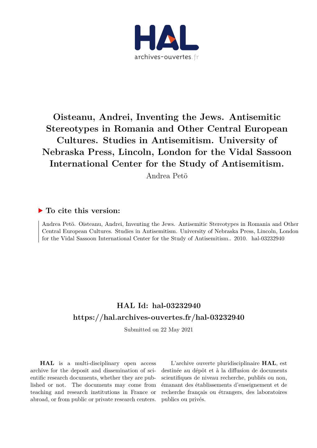 Oisteanu, Andrei, Inventing the Jews. Antisemitic Stereotypes in Romania and Other Central European Cultures
