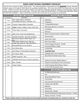 BASIC CADET SCHOOL EQUIPMENT CHECKLIST Use This List to Prepare for Basic Cadet School