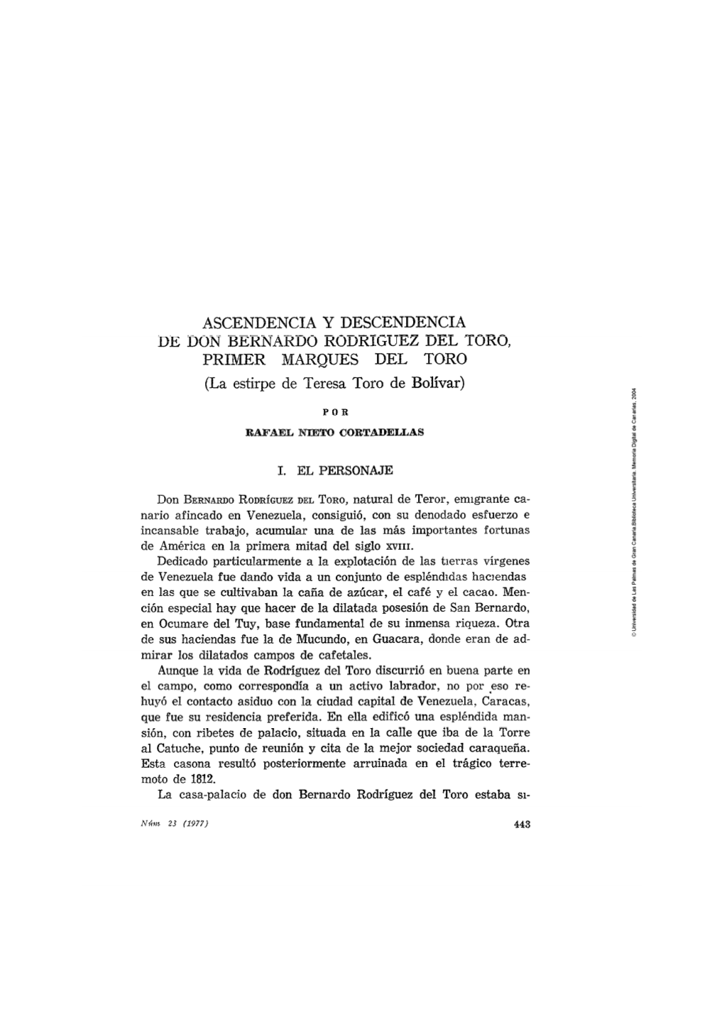 Ascendencia Y Descendencia De Don Bernardo Rodríguez Del Toro