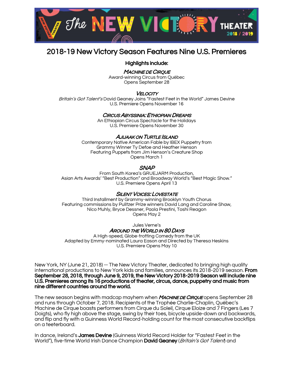 2018-19 New Victory Season Features Nine U.S. Premieres