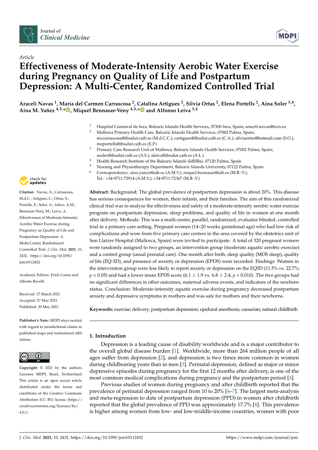 Effectiveness of Moderate-Intensity Aerobic Water Exercise During Pregnancy on Quality of Life and Postpartum Depression: a Multi-Center, Randomized Controlled Trial