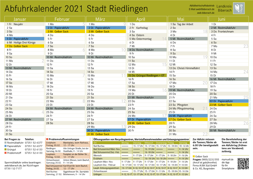 Abfuhrkalender 2021 Stadt Riedlingen