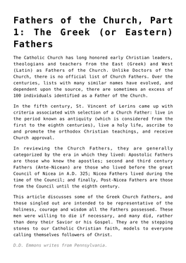 Fathers of the Church, Part 1: the Greek (Or Eastern) Fathers
