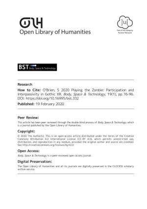Playing the Zombie: Participation and Interpassivity in Gothic XR’ (2020) 19(1) Body, Space & Technology