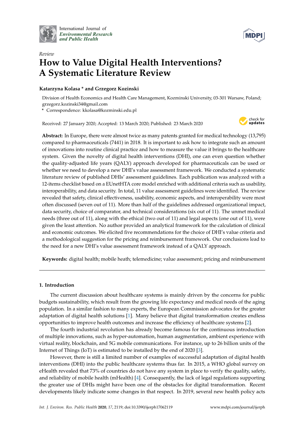 How to Value Digital Health Interventions? a Systematic Literature Review